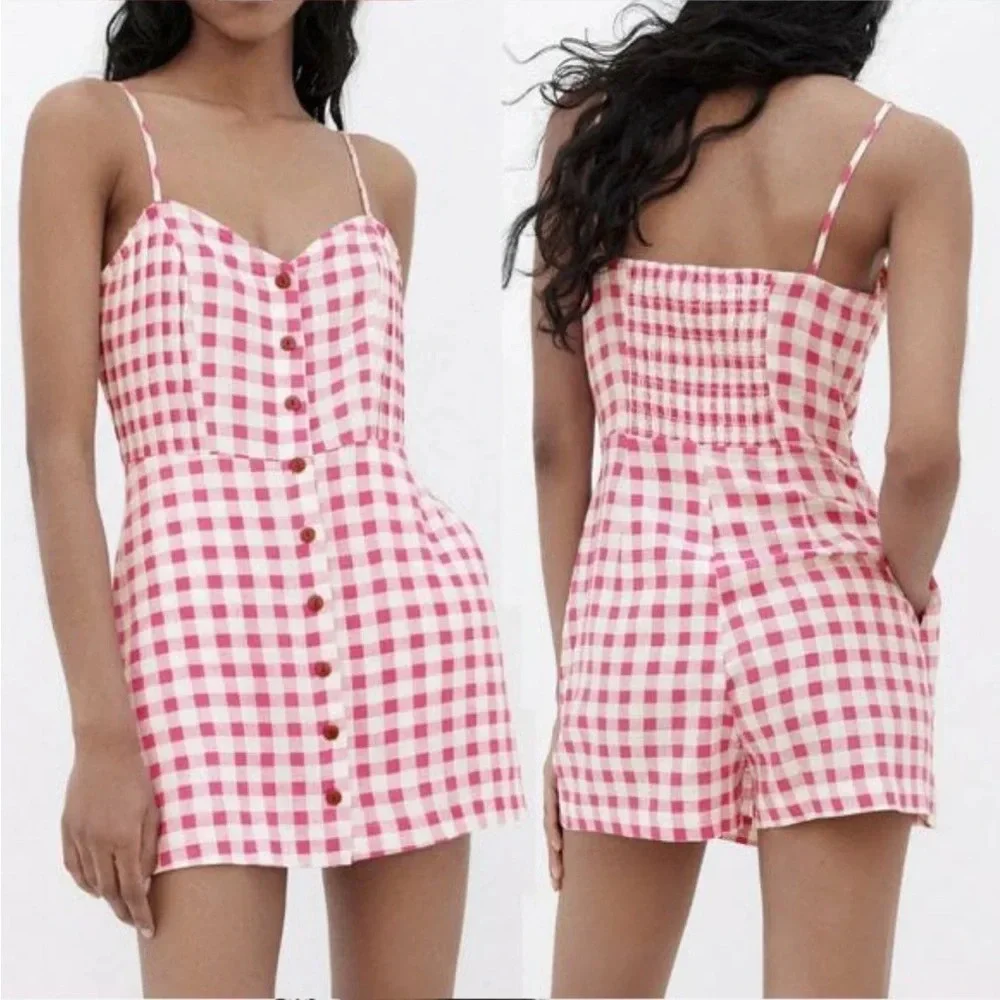 ZARA Linen Blend Barbiecore Pink Gingham Button Skort Summer Romper